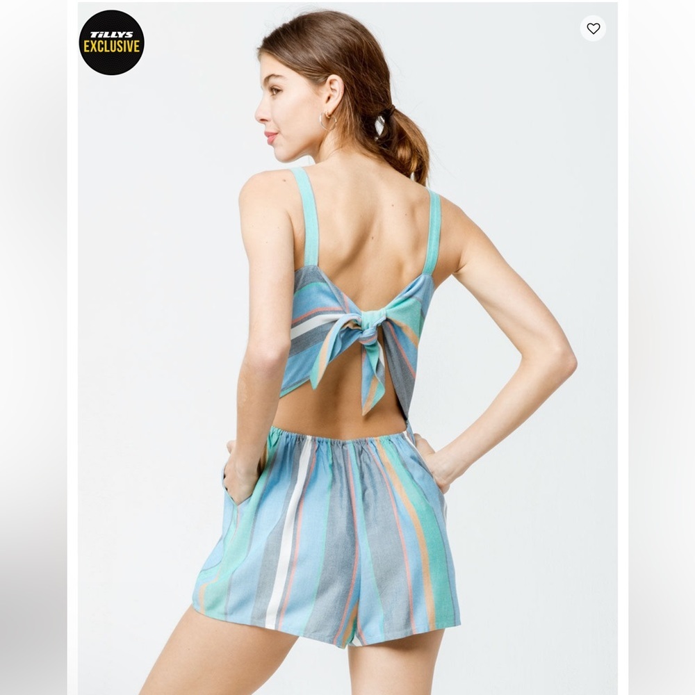 Patrons of Peace Women’s Striped Sweetheart Tie Back‎ Shorts Romper Button Front